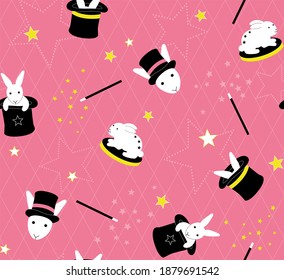 Seamless pattern magic show theme rabbit hat wand stars diamond background illustration in vector