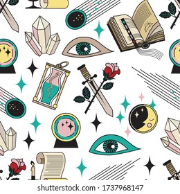 seamless pattern of magic signs and symbols in multi-colored with a black outline. it can be used for textile design, creating a mysterious background. 
stock vector illustration. EPS 10.
