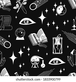 patrón impecable de signos y símbolos mágicos. se puede utilizar un dibujo de contorno blanco sobre un fondo negro para diseñar textiles y crear un misterioso fondo monocromo. 
ilustración vectorial de stock.