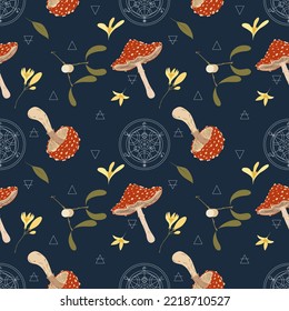 Seamless pattern with magic symbols and circles on dark blue background. Fantasy magic mushrooms, Alchemistry circles, leaves and flowers. Witchcraft cute vector doodle hand drawn. 