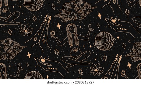 Seamless pattern with magic symbols. Girl in lotus position. Be filled with energy. Print for textiles. Pattern on the theme of witchcraft. Magic world. Cleanse the chakras.