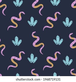 Seamless pattern with magic symbols snake and crystal, cute mystic hand drawn repeat wallpaper in modern style. Witchcraft vector illustration for fabric, textile and wrapping paper on blue background