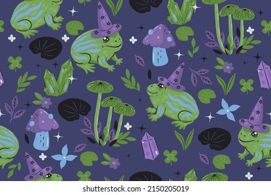 Seamless Pattern With Magic Toads In Hats. Vector Graphics.