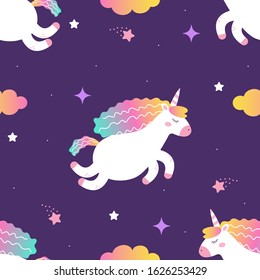 Seamless pattern with magic unicorn. Background with horse, stars and clouds.