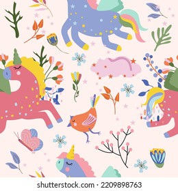 Seamless pattern with magic Unicorn, colorful wild flowers and leaves, cloud, butterfly. Cute pattern can be used as textile, fabric, wallpaper, banner and other. Vector illustration