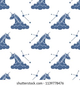 Seamless pattern with magic unicorn and constellations, clouds. Design for children graphic, t-shirt, cover, gift card.