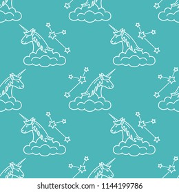 Seamless pattern with magic unicorn and constellations, clouds. Design for children graphic, t-shirt, cover, gift card.