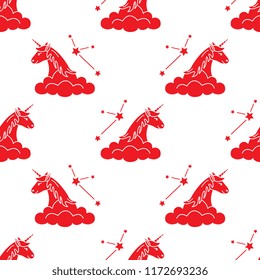 Seamless pattern with magic unicorn and constellations, clouds. Design for children graphic, t-shirt, cover, gift card.