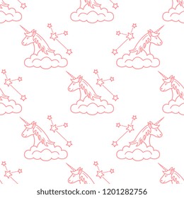 Seamless pattern with magic unicorn and constellations, clouds. Design for children graphic, t-shirt, cover, gift card.