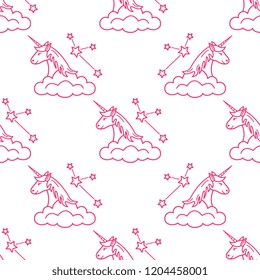 Seamless pattern with magic unicorn and constellations, clouds. Design for children graphic, t-shirt, cover, gift card.