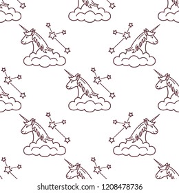 Seamless pattern with magic unicorn and constellations, clouds. Design for children graphic, t-shirt, cover, gift card.
