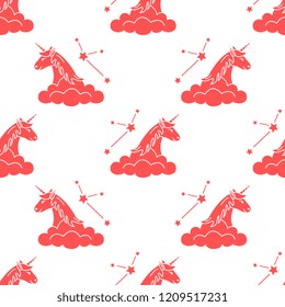 Seamless pattern with magic unicorn and constellations, clouds. Design for children graphic, t-shirt, cover, gift card.