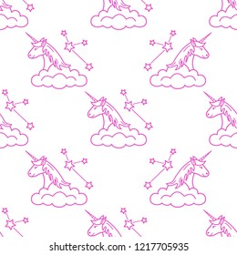 Seamless pattern with magic unicorn and constellations, clouds. Design for children graphic, t-shirt, cover, gift card.