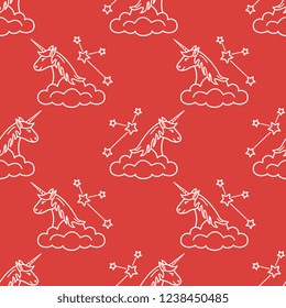 Seamless pattern with magic unicorn and constellations, clouds. Design for children graphic, t-shirt, cover, gift card.