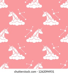 Seamless pattern with magic unicorn and constellations, clouds. Design for children graphic, t-shirt, cover, gift card.