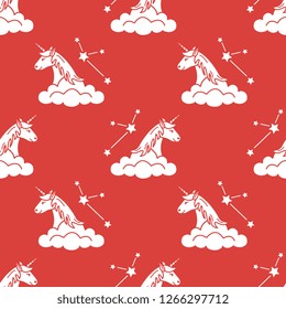 Seamless pattern with magic unicorn and constellations, clouds. Design for children graphic, t-shirt, cover, gift card.