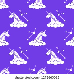 Seamless pattern with magic unicorn and constellations, clouds. Design for children graphic, t-shirt, cover, gift card.
