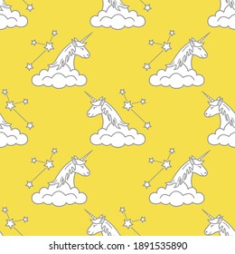 Seamless pattern with magic unicorn and constellations, clouds. Design for children graphic, t-shirt, cover, gift card. Illuminating and Ultimate Gray.