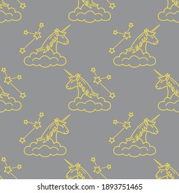 Seamless pattern with magic unicorn and constellations, clouds. Design for children graphic, t-shirt, cover, gift card. Illuminating and Ultimate Gray.