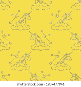 Seamless pattern with magic unicorn and constellations, clouds. Design for children graphic, t-shirt, cover, gift card. Illuminating and Ultimate Gray.