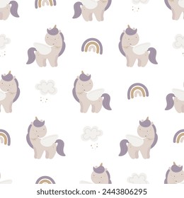 Seamless pattern with magic unicorn. For for kids design, fabric, wrapping, cards, textile, wallpaper, apparel. Isolated vector cartoon illustration in flat style on white background.