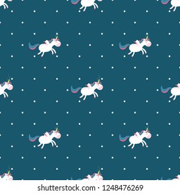Seamless pattern. The magic unicorn on a dark background with white peas (polka dot) vector Childish hand-drawn illustration in simple cartoon style in pastel colors.
