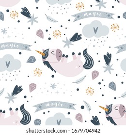 seamless pattern with magic unicorn on a white background - vector illustration, eps