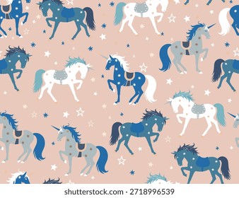 Seamless Pattern with Magic Unicorn. Unicorn Print Design for Winter Holiday, New Year, Greeting Cards, Party Invitations Design, Fabric, Textile, Gift Paper. Vector. Not AI