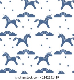 Seamless pattern with magic unicorn and stars, clouds, rainbow. Design for children graphic, t-shirt, cover, gift card.