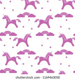 Seamless pattern with magic unicorn and stars, clouds, rainbow. Design for children graphic, t-shirt, cover, gift card.