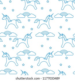 Seamless pattern with magic unicorn and stars, clouds, rainbow. Design for children graphic, t-shirt, cover, gift card.