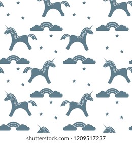 Seamless pattern with magic unicorn and stars, clouds, rainbow. Design for children graphic, t-shirt, cover, gift card.