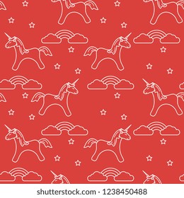 Seamless pattern with magic unicorn and stars, clouds, rainbow. Design for children graphic, t-shirt, cover, gift card.