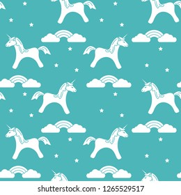 Seamless pattern with magic unicorn and stars, clouds, rainbow. Design for children graphic, t-shirt, cover, gift card.