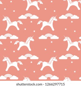 Seamless pattern with magic unicorn and stars, clouds, rainbow. Design for children graphic, t-shirt, cover, gift card.