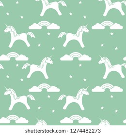 Seamless pattern with magic unicorn and stars, clouds, rainbow. Design for children graphic, t-shirt, cover, gift card.