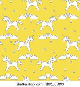 Seamless pattern with magic unicorn and stars, clouds, rainbow. Design for children graphic, t-shirt, cover, gift card. Illuminating and Ultimate Gray.