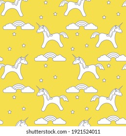 Seamless pattern with magic unicorn and stars, clouds, rainbow. Design for children graphic, t-shirt, cover, gift card. Illuminating and Ultimate Gray.