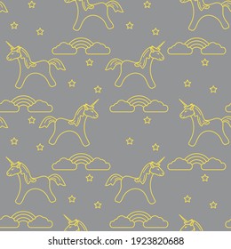 Seamless pattern with magic unicorn and stars, clouds, rainbow. Design for children graphic, t-shirt, cover, gift card. Illuminating and Ultimate Gray.
