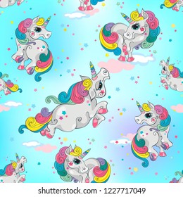 Seamless pattern with magic unicorns. Blue sky background with stars. For boys. Vector