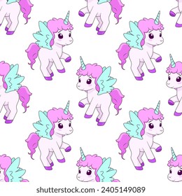 Seamless pattern with magic unicorns on white backdrop. Vector tile with cartoon character for childish print, wrapper, textile, print, fabric.