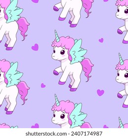 Seamless pattern with magic unicorns on violet backdrop. Vector tile with cartoon character and hearts for childish print, wrapper, textile, print, fabric.