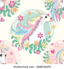 Seamless pattern with magic unicorns, rainbow, flovers, hearts, confetti and other elements