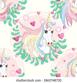 Seamless pattern with magic unicorns, rainbow, flovers, hearts, confetti and other elements