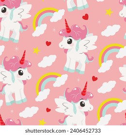 Patrón sin foco con unicornios mágicos, arco iris, estrellas, nubes sobre fondo rosado. Tela vectorial con caricatura para papel infantil, envoltura, textil, impresión, tela.