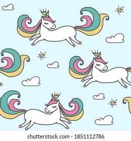 Patrón sin foco con unicornios y estrellas mágicas. Fondo del bebé.