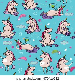 Seamless pattern with magic unicorns. Vector background with unicorns in different poses