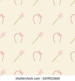 Seamless pattern of magic wand and cute headband with a bow on a creme background. Great for kids, textile print, invitations, or packaging. Vector file.