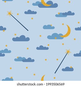Seamless pattern with magic wand on night background. Childish pattern for apparel, nursery. 