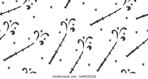 Seamless pattern and magic wands   stars in outline black   white doodle style white  Kids pattern design  perfect for nursery decor  textile  bedding  School magic  magician pattern